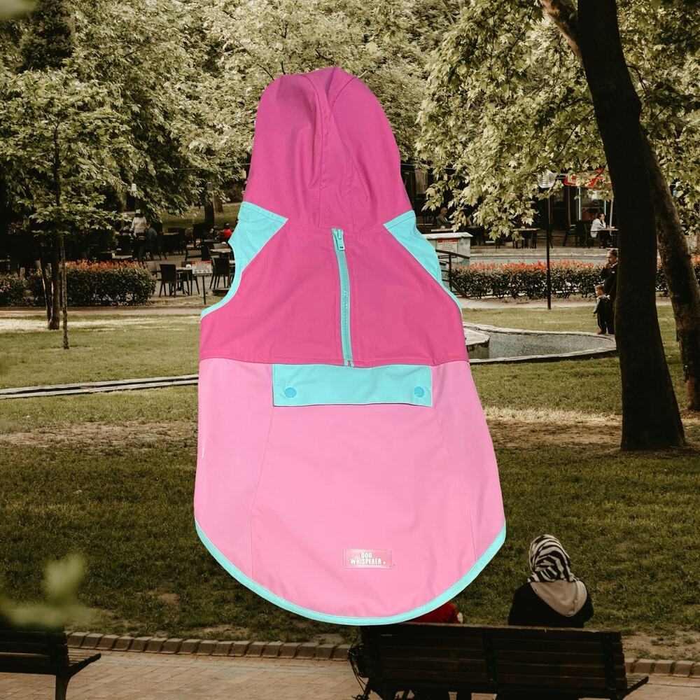 Dog Whisperer Pink Aqua Hooded Pup Rain Jacket Coat Size Large Pet Vest Gear
